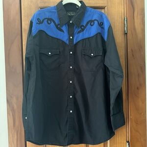 High Noon Pearl Snap Shirt Mens Large Solid Black Blue Western Cowboy Rodeo